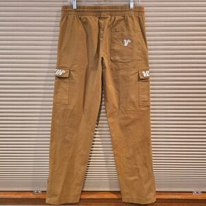 VLEXIN Mens Cargo Pants Camel Tan Embroidered Logo Zipper Ankle Streetwear L